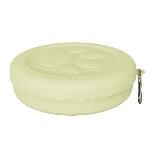 Collapsible portable dog bowl in light pink and green colour options showing folded and unfolded positions