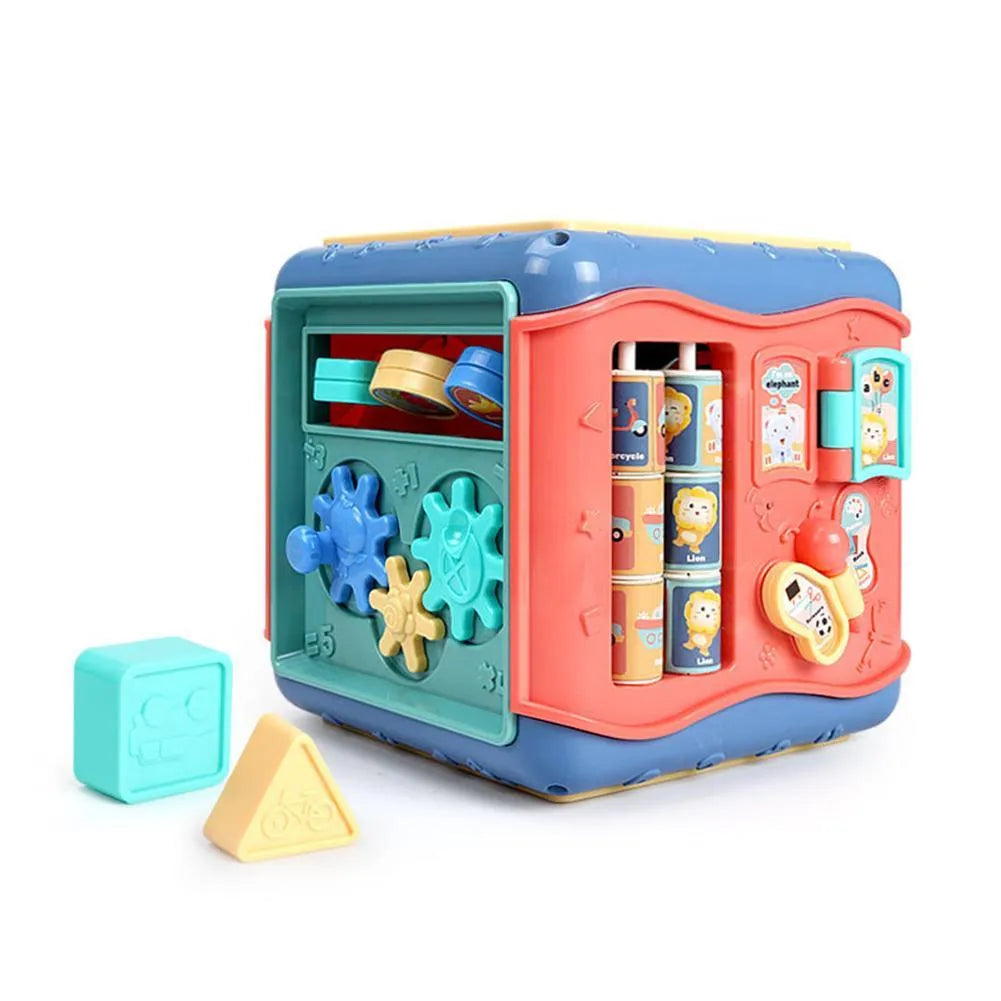 Six-sided educational cube for babies with bead maze, gears, car track, clock, numbers and butterfly activities