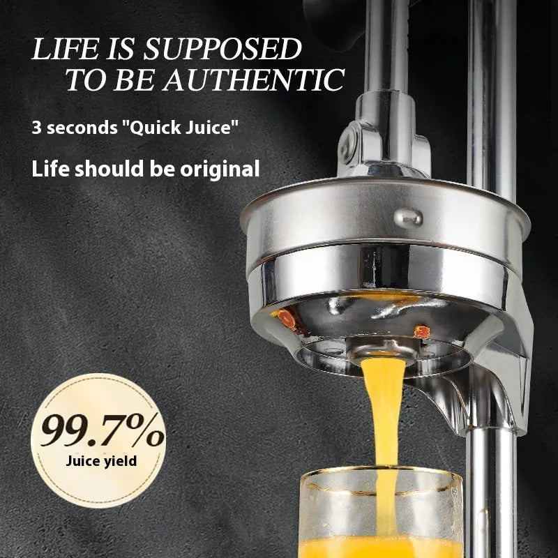 Vertical stainless steel manual citrus juicer with choice of pointed, flat, or double head in various colours.