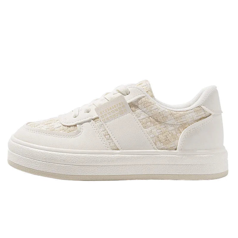 Beige plaid platform sports shoes with mesh lining and a white rubber sole.