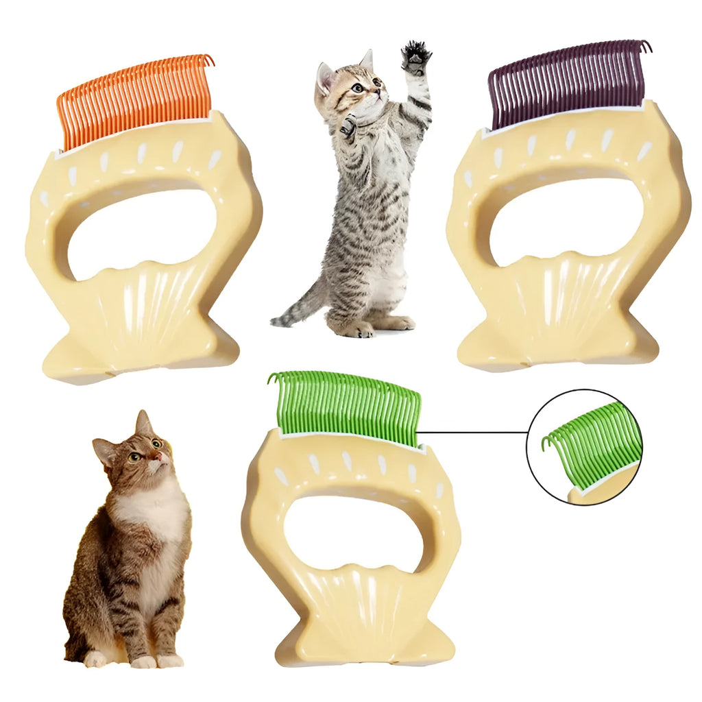 Shell-shaped plastic pet grooming brush with bent wire bristles in green, orange, or purple colours