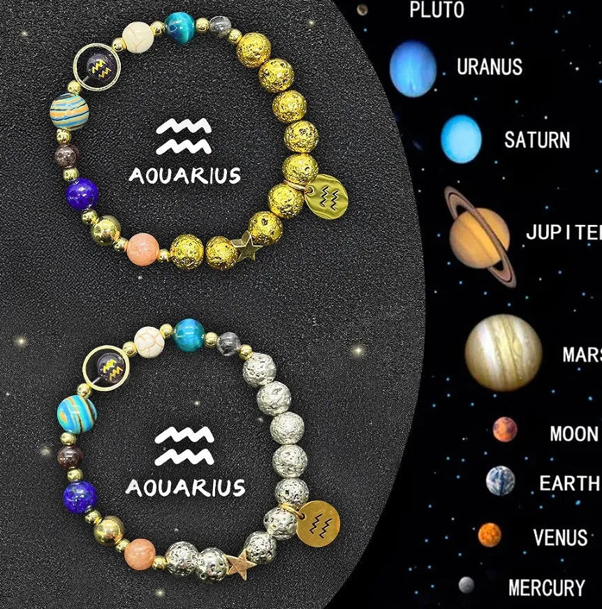 Natural stone bead zodiac bracelets for twelve astrological signs with adjustable cord.