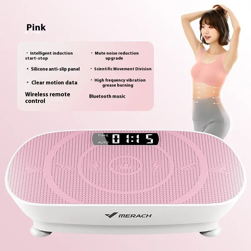 Grey portable smart power plate fat slinger on a home floor, showing its compact size and platform.