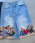 Blue men's tapered cotton shorts with a Jesus design printed on the back pocket.