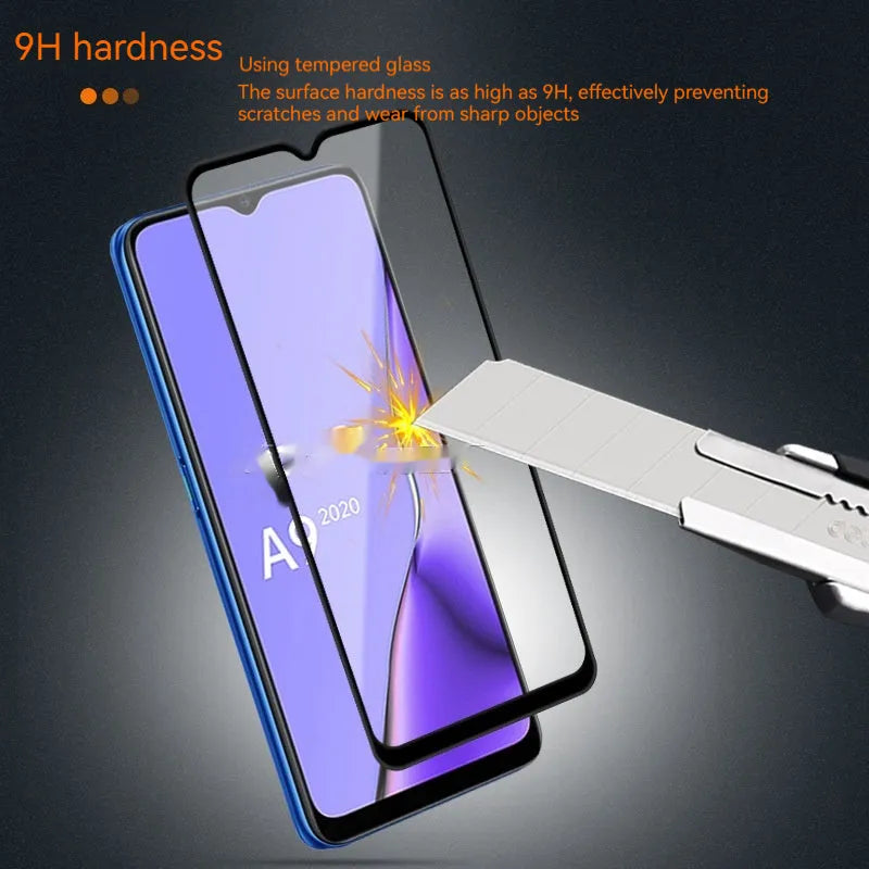 Full screen tempered glass protector for OPPO A9 2020 smartphone showing black edge and full coverage design