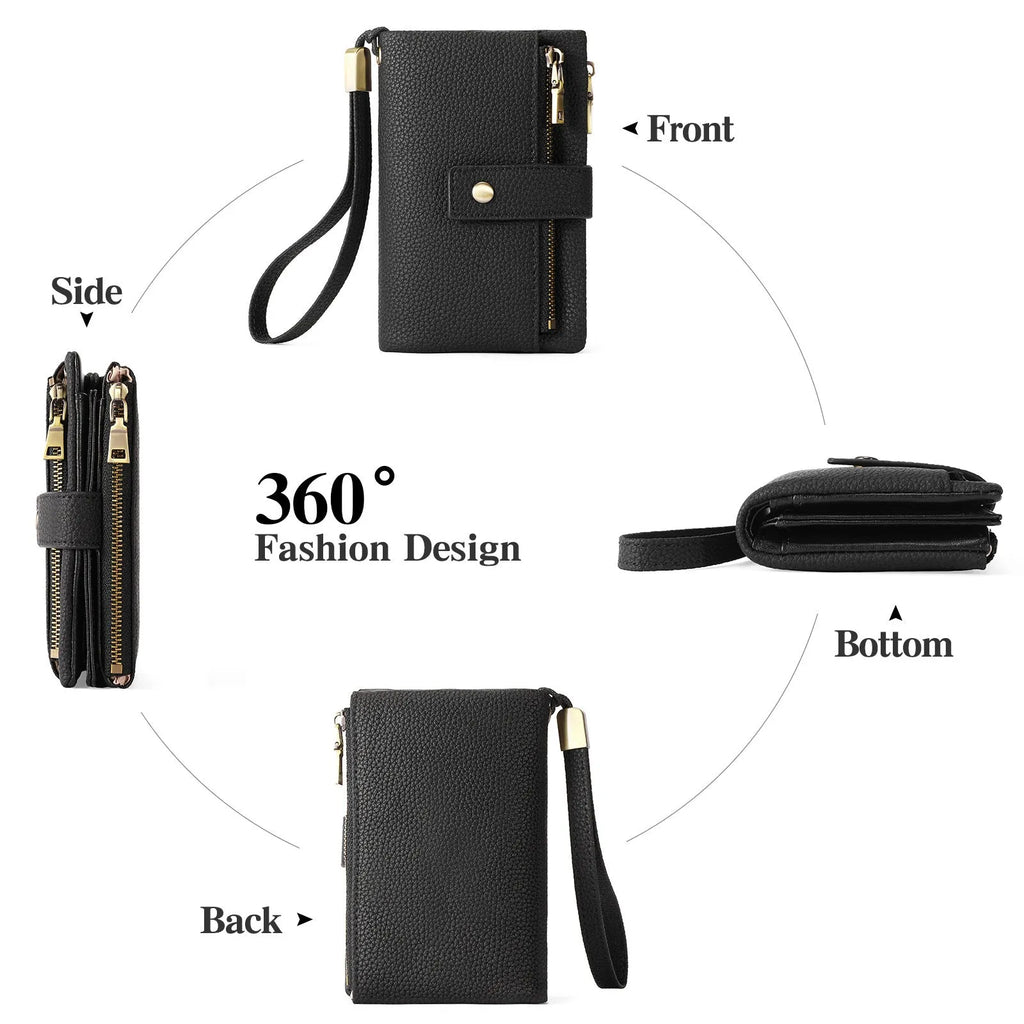Women's genuine leather anti-theft zipper wallet clutch in midnight black with gift box