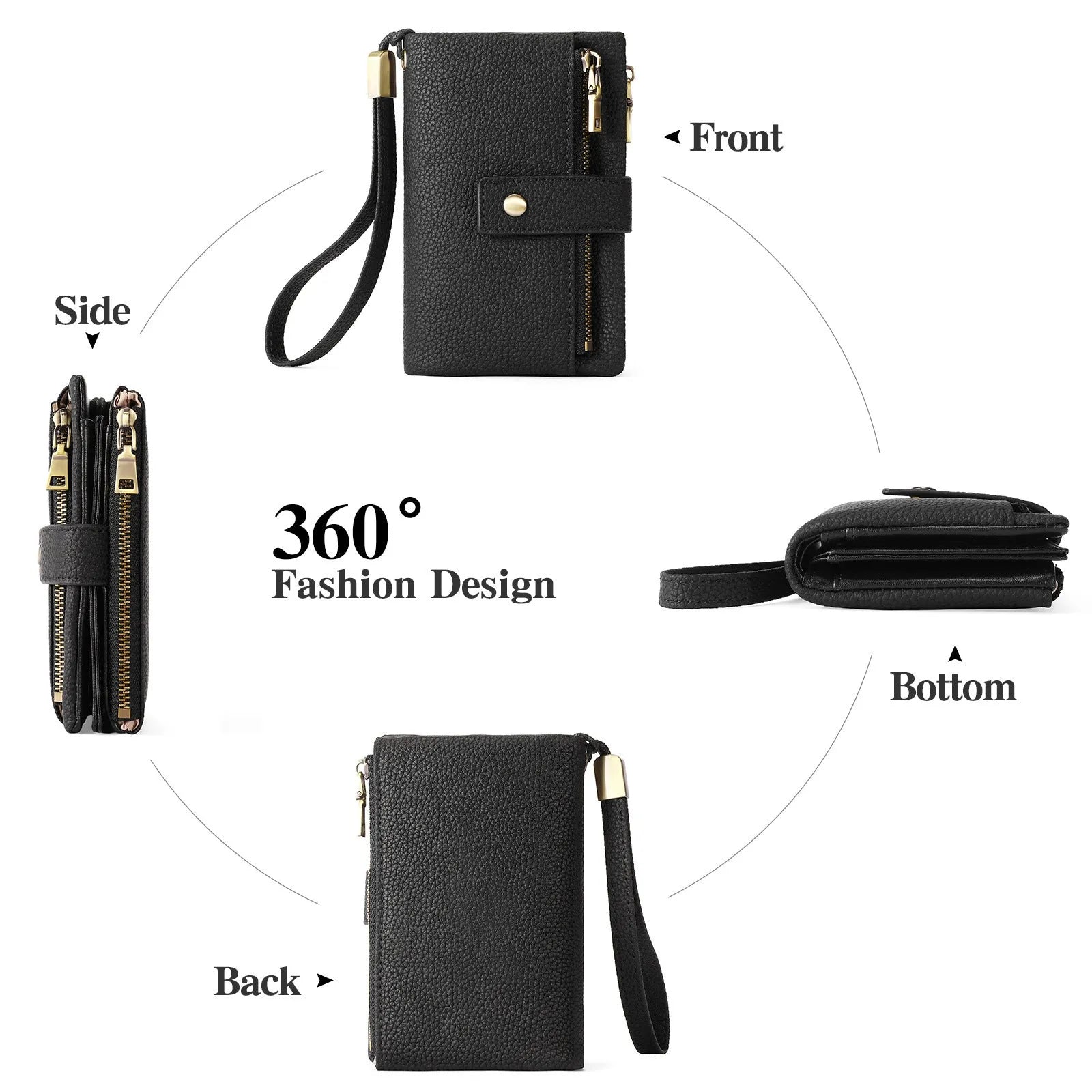 Women's genuine leather anti-theft zipper wallet clutch in midnight black with gift box
