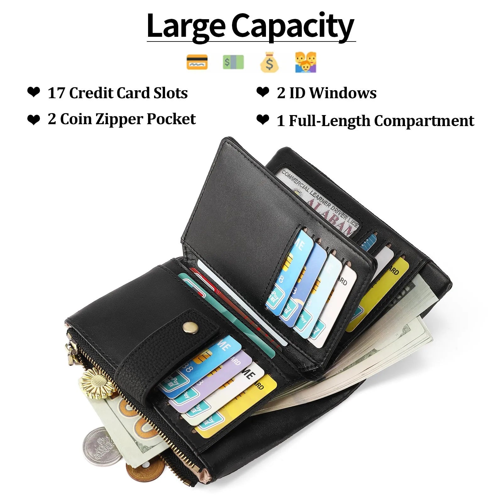 Women's genuine leather anti-theft zipper wallet clutch in midnight black with gift box