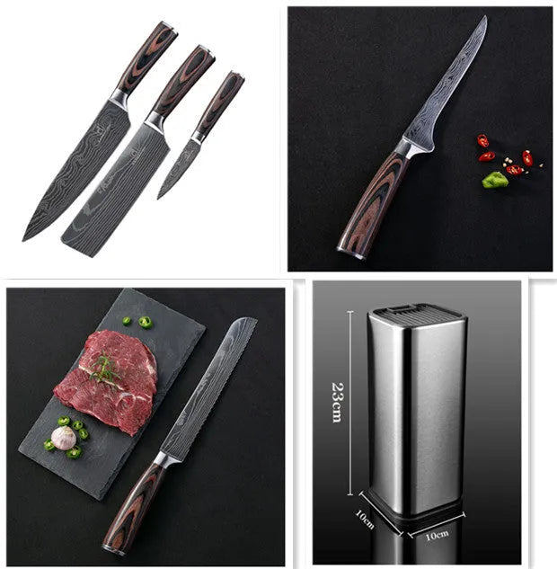 7CR17 stainless steel chef knife with laser Damascus pattern and colour steel handle