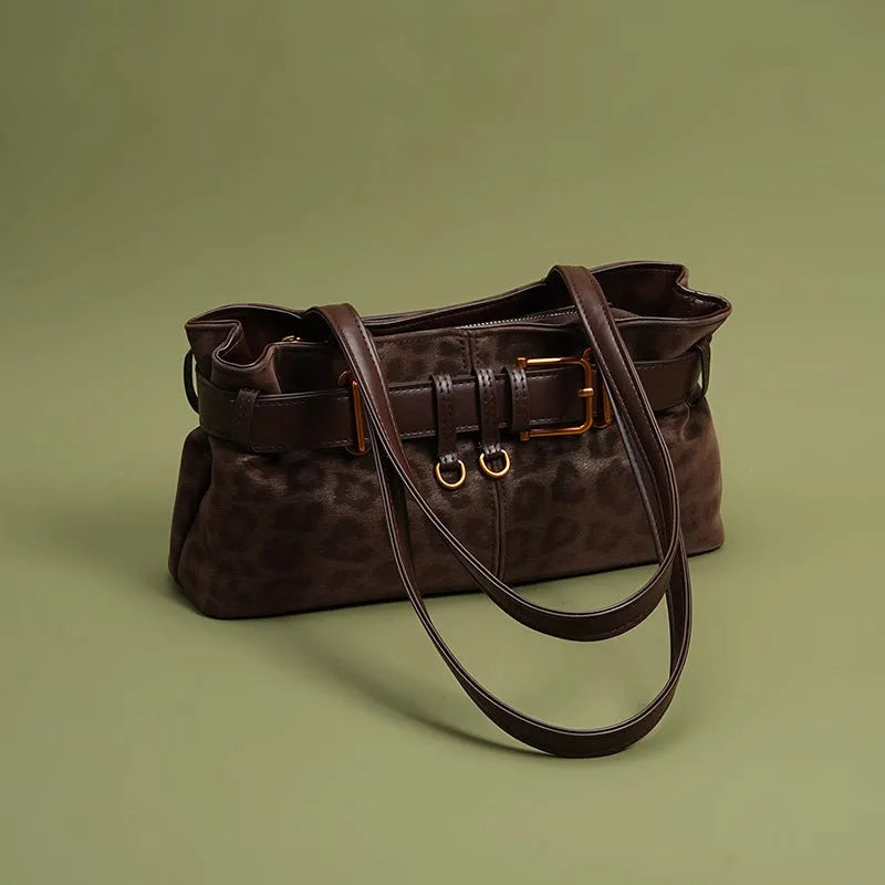 Retro leopard print PU shoulder bag in brown, compact horizontal square shape with double straps, 30x15x10cm.