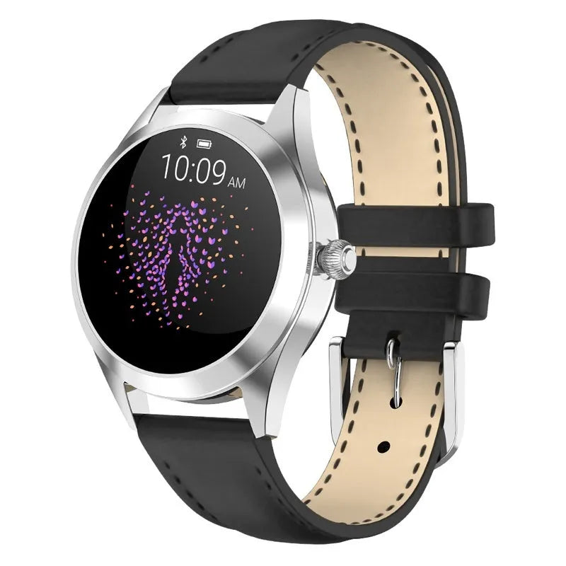 Women's sports smartwatch showing heart rate monitoring and waterproof features in black, silver, rose gold, and white colours
