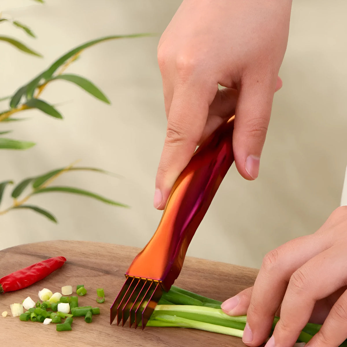 Metal onion chopper and green onion cutter kitchen gadget in Gold, Magic Red, Rose Gold, Symphony and True Colour