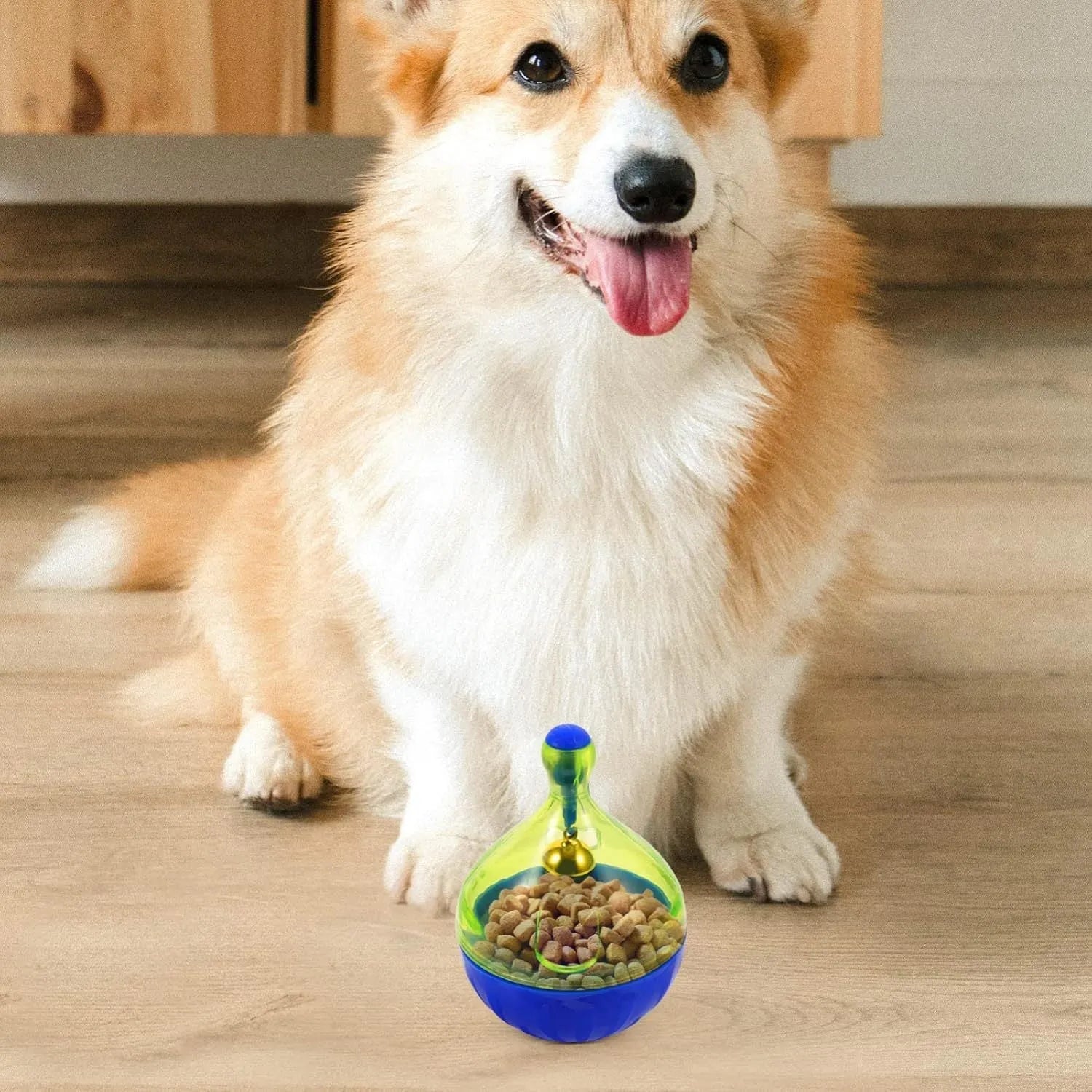 Blue plastic tumbler-shaped pet treat dispenser ball for dogs and cats.