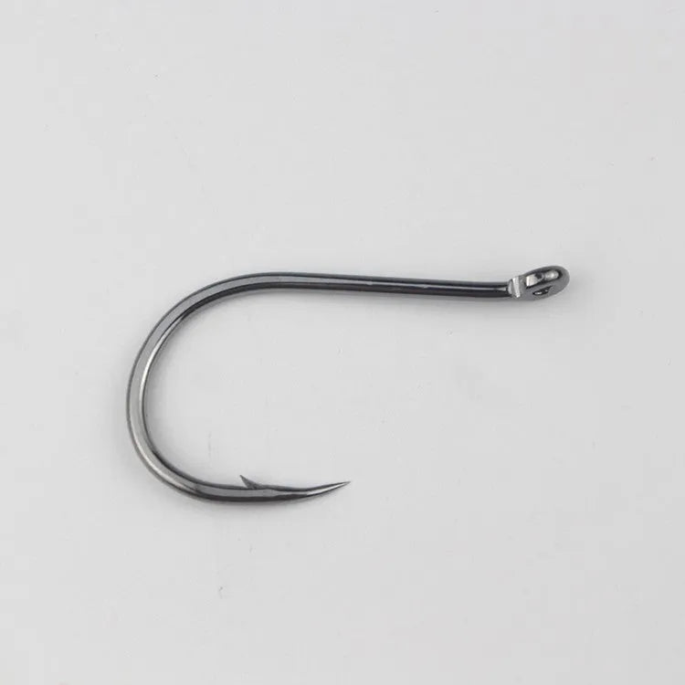 Bulk pack of alloy carbon steel barbed fishing hooks with a hole ring, suitable for rock and sea fishing.