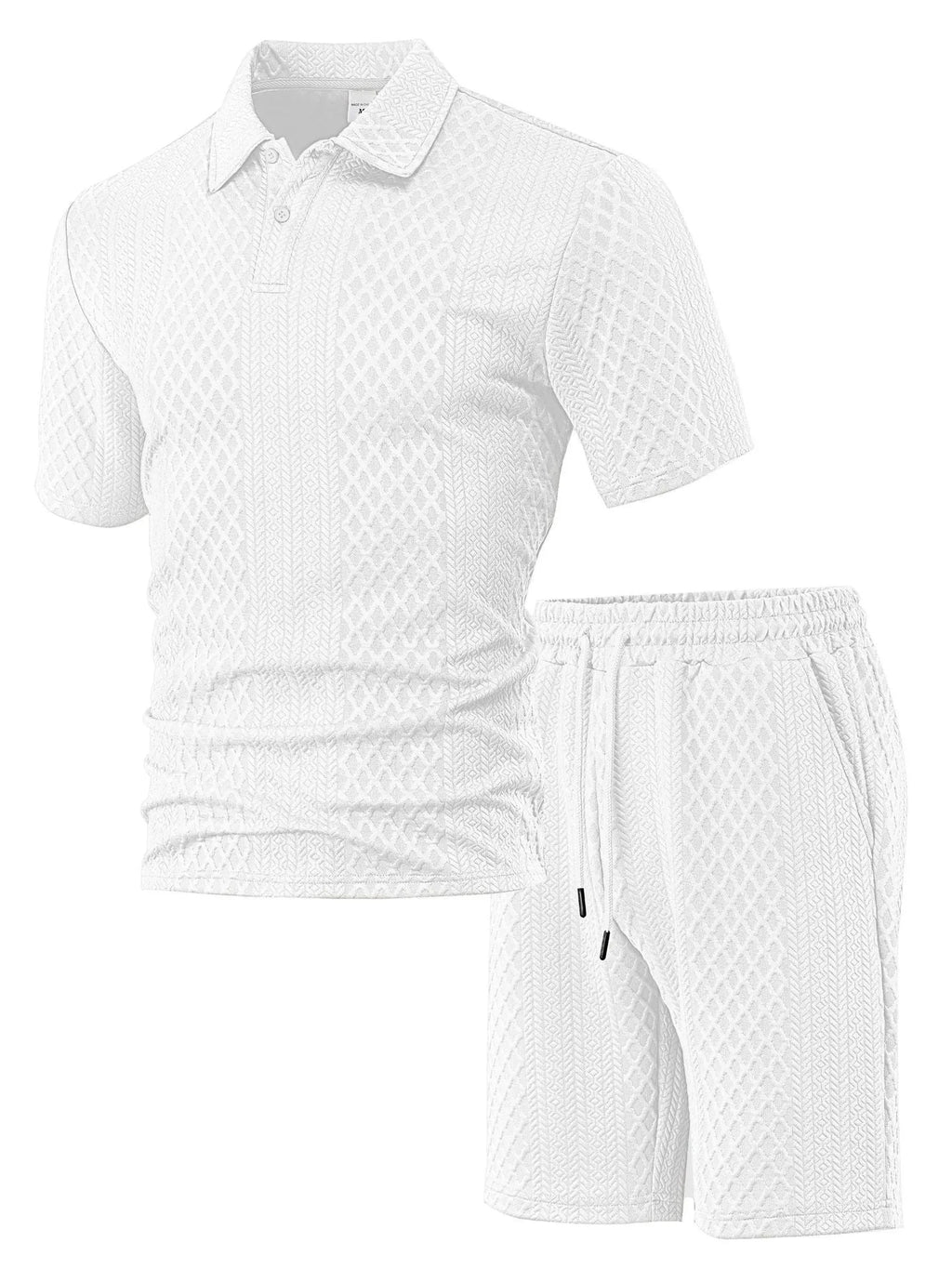 Men's patterned short sleeve polo suit set in a choice of colours including black, navy, and wine red.