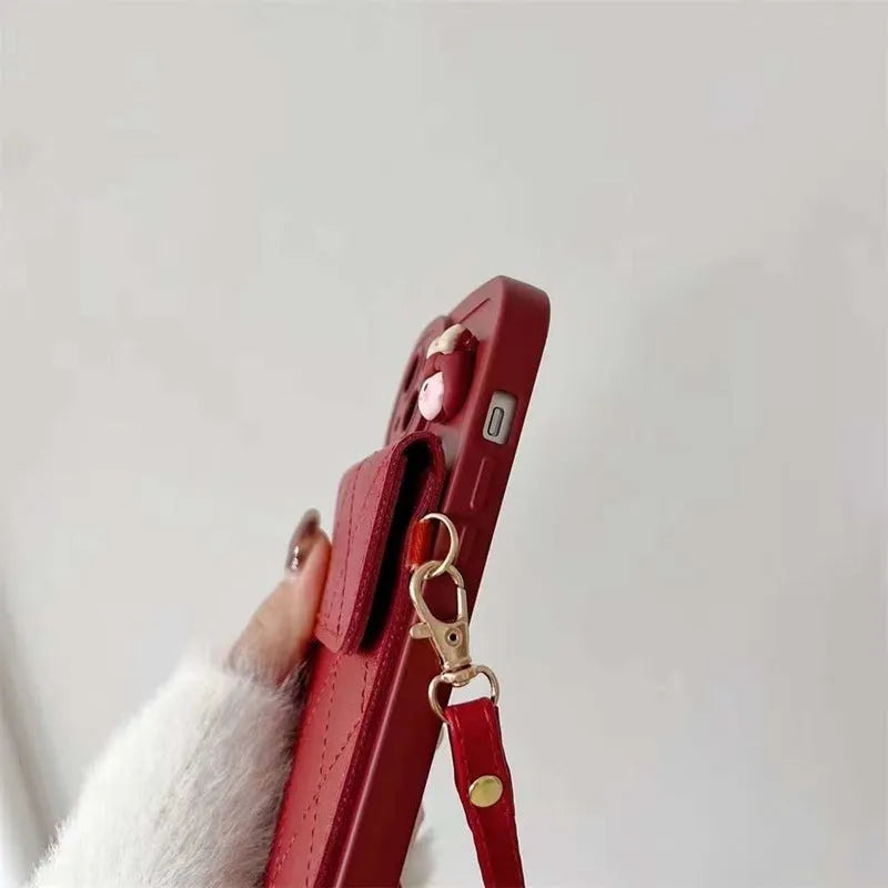 Red diamond plaid TPU crossbody card holder phone case with lanyard for iPhone models