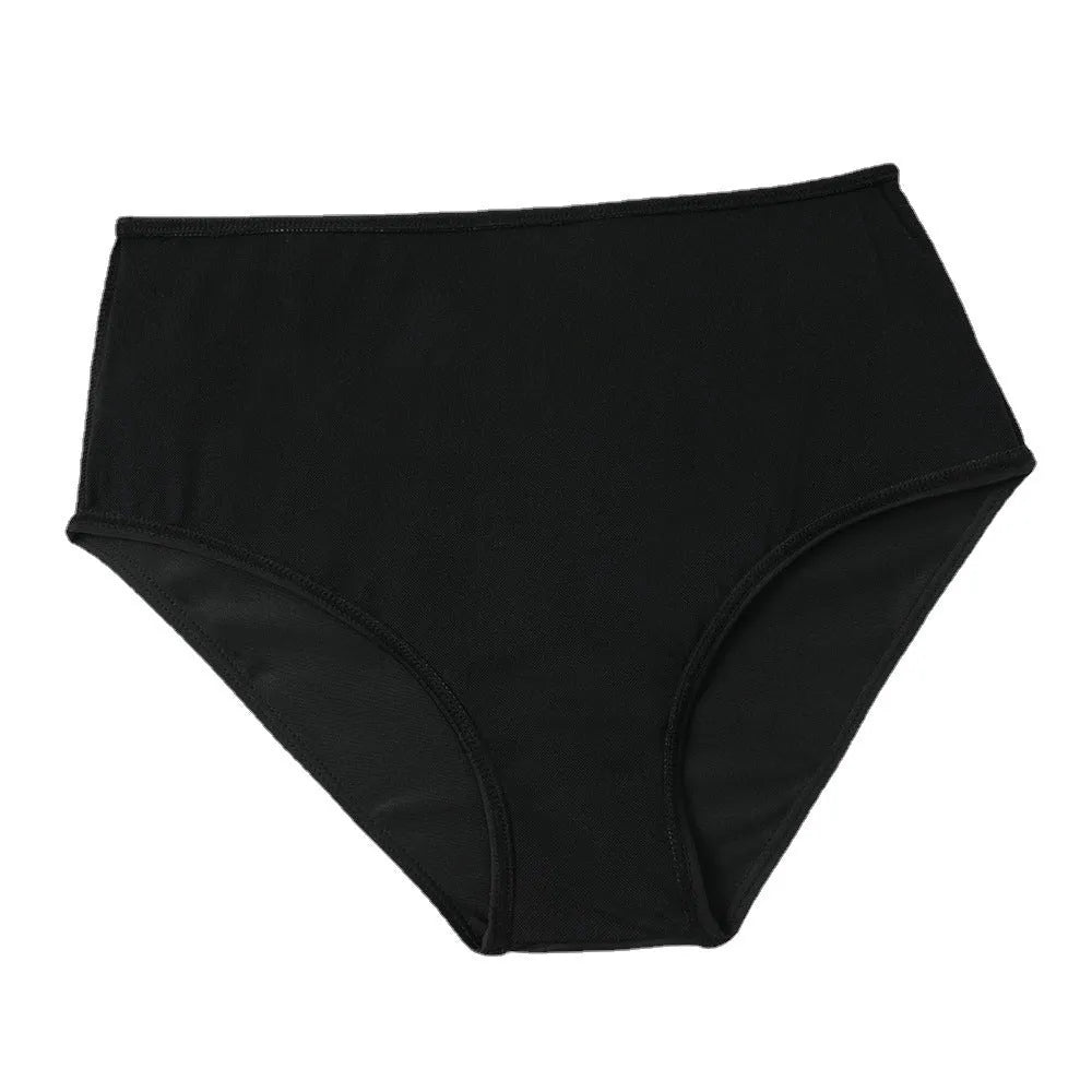 Black high-waist swimsuit briefs with a double-layer front and a matching sleeveless top on a mannequin.