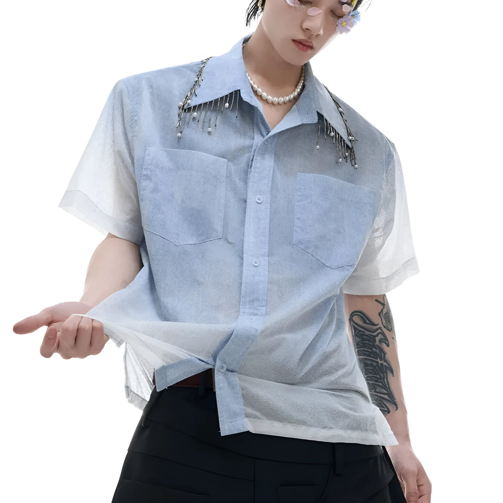 Men's loose fit blue and white gradient short sleeve shirt on hanger