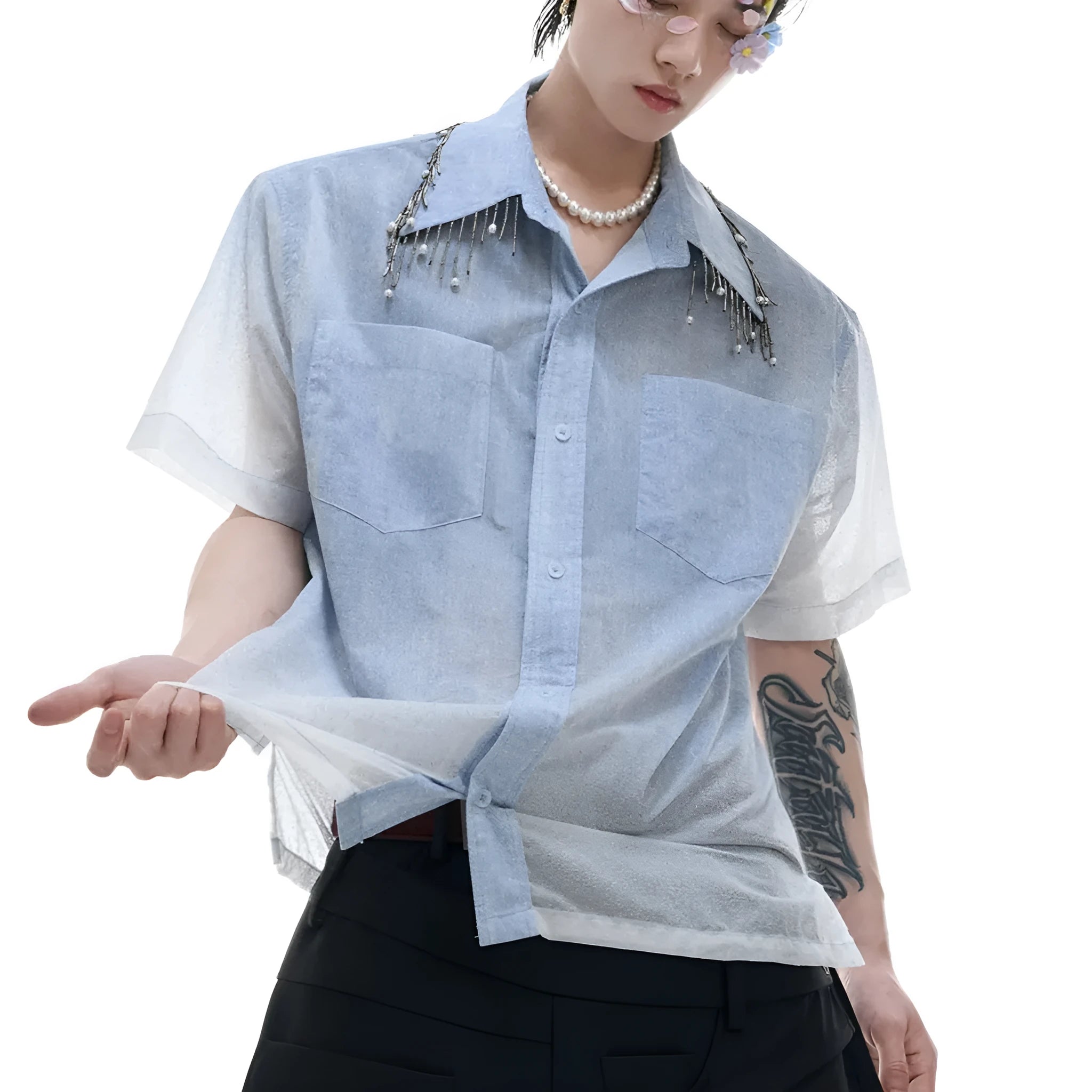 Men's loose fit blue and white gradient short sleeve shirt on hanger
