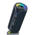 Black and blue fabric-covered 40W wireless Bluetooth speaker with luminous lighting effect.