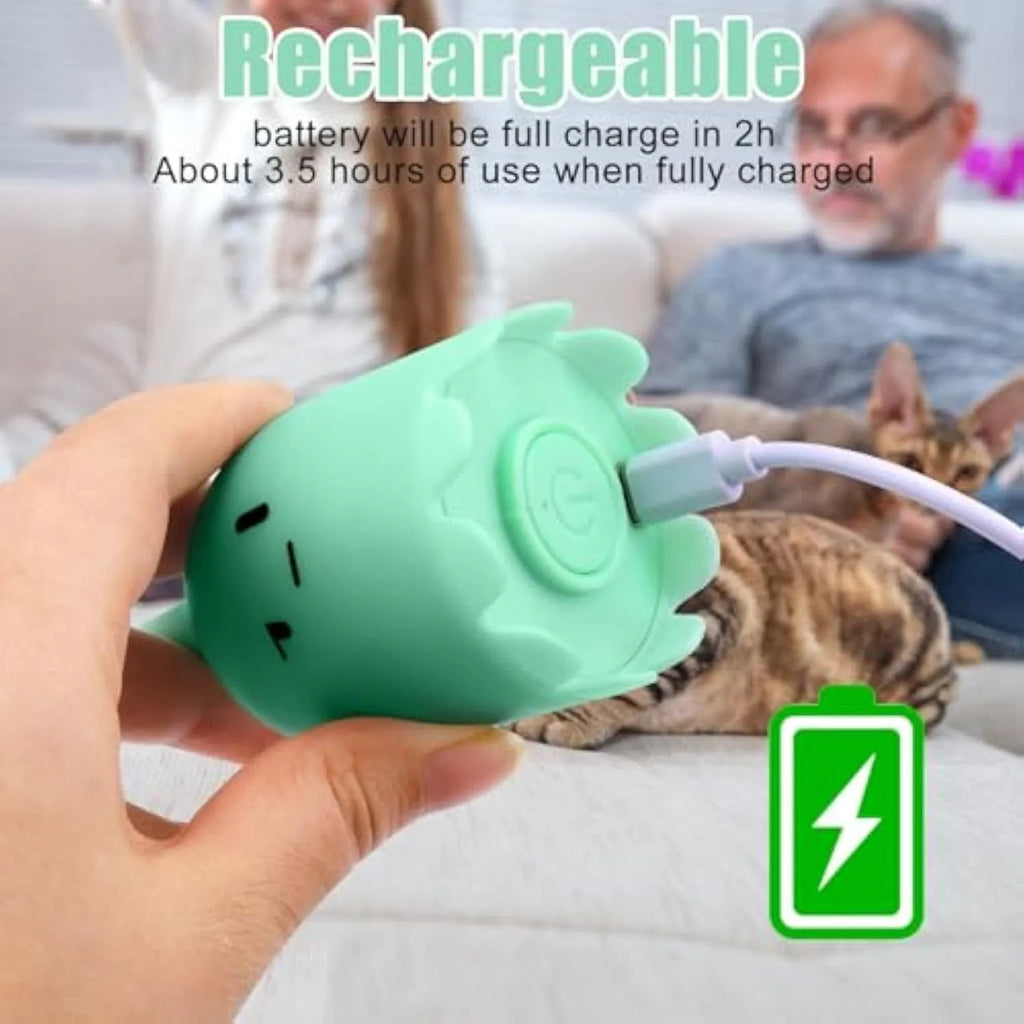 Green interactive cat toy with electronic wand and swinging silicone tails for indoor cats