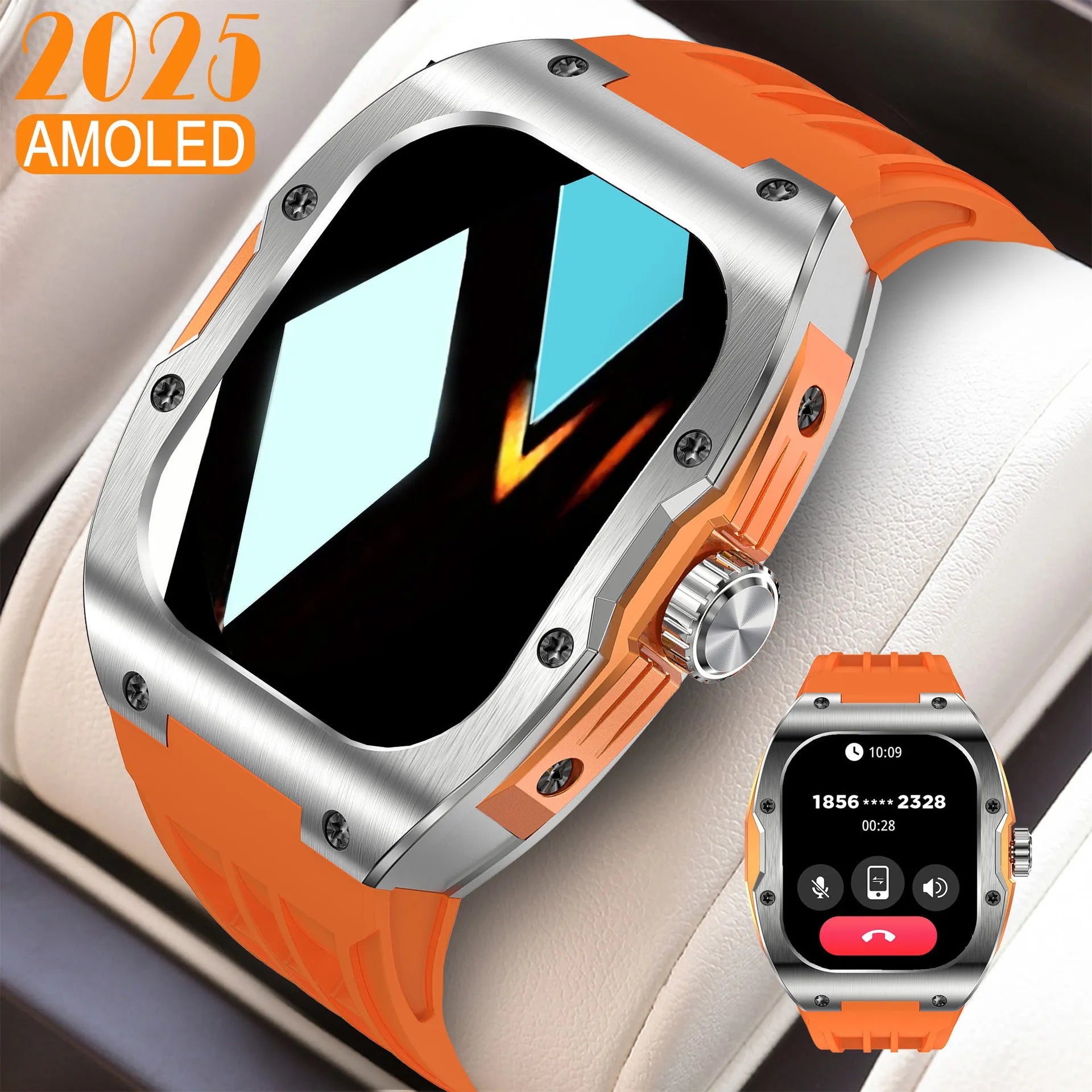 Men's black smart watch with AMOLED touch screen displaying fitness metrics on a blue silicone strap