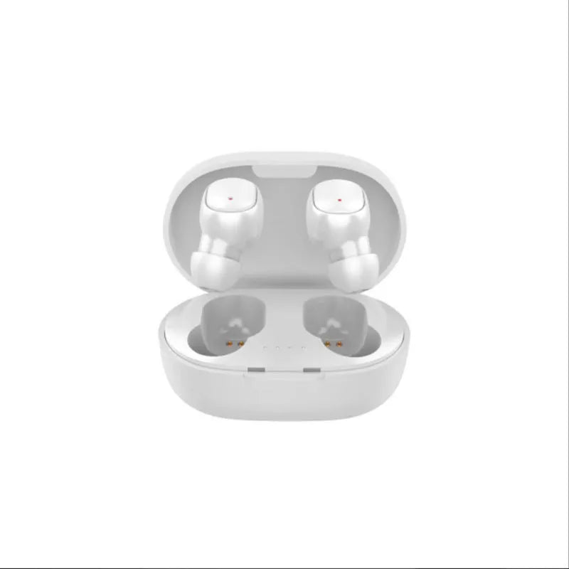 Bluetooth 5.0 TWS A6S earplug headset in black or white with 10 metre range and stereo sound