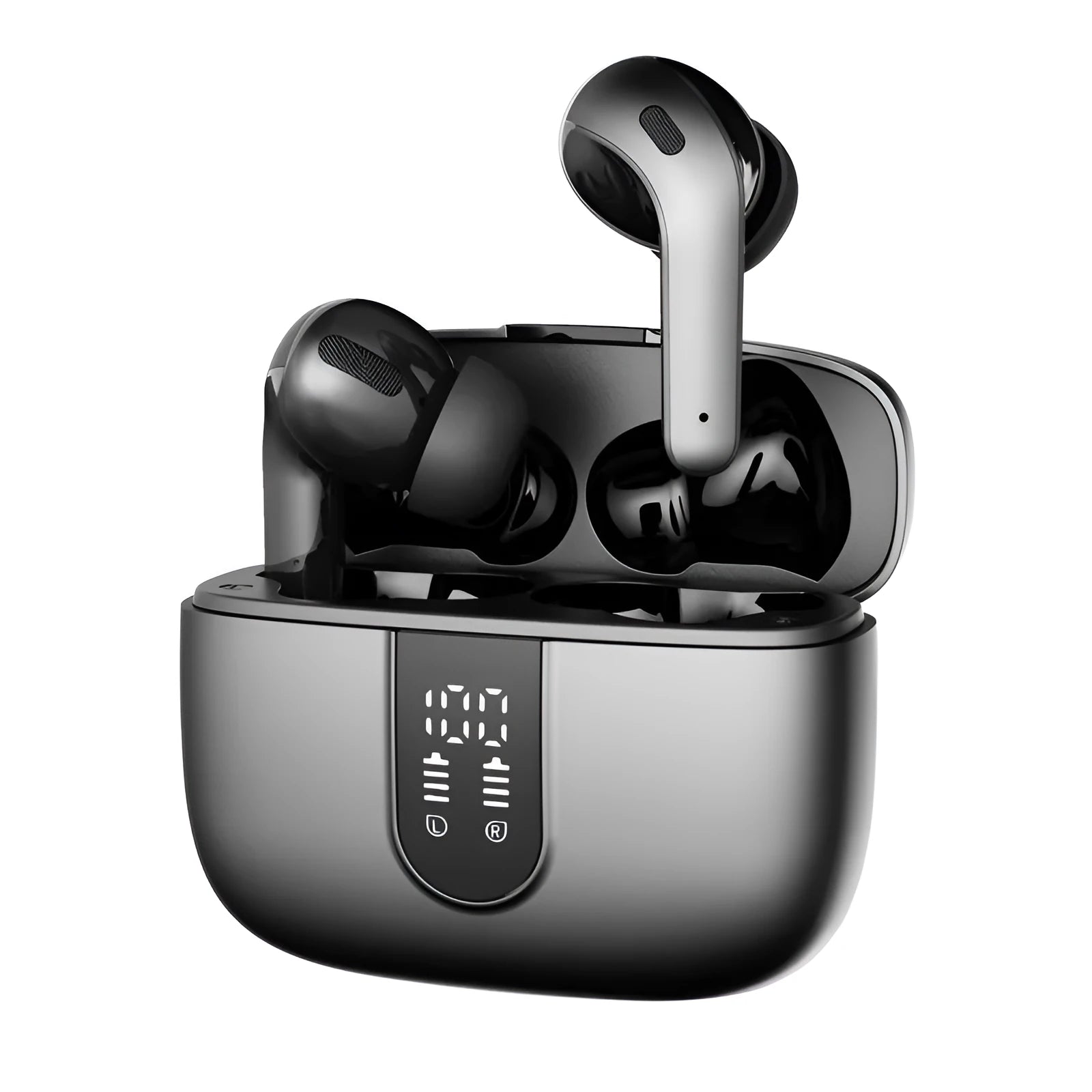 Jerry X08 wireless Bluetooth headset and charging case with digital display in black, grey, or white.