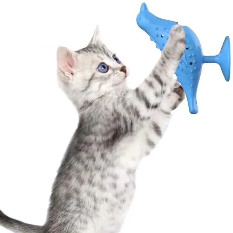 Blue interactive bird shape cat toy with suction cup base on a floor, 12.5x10x5cm