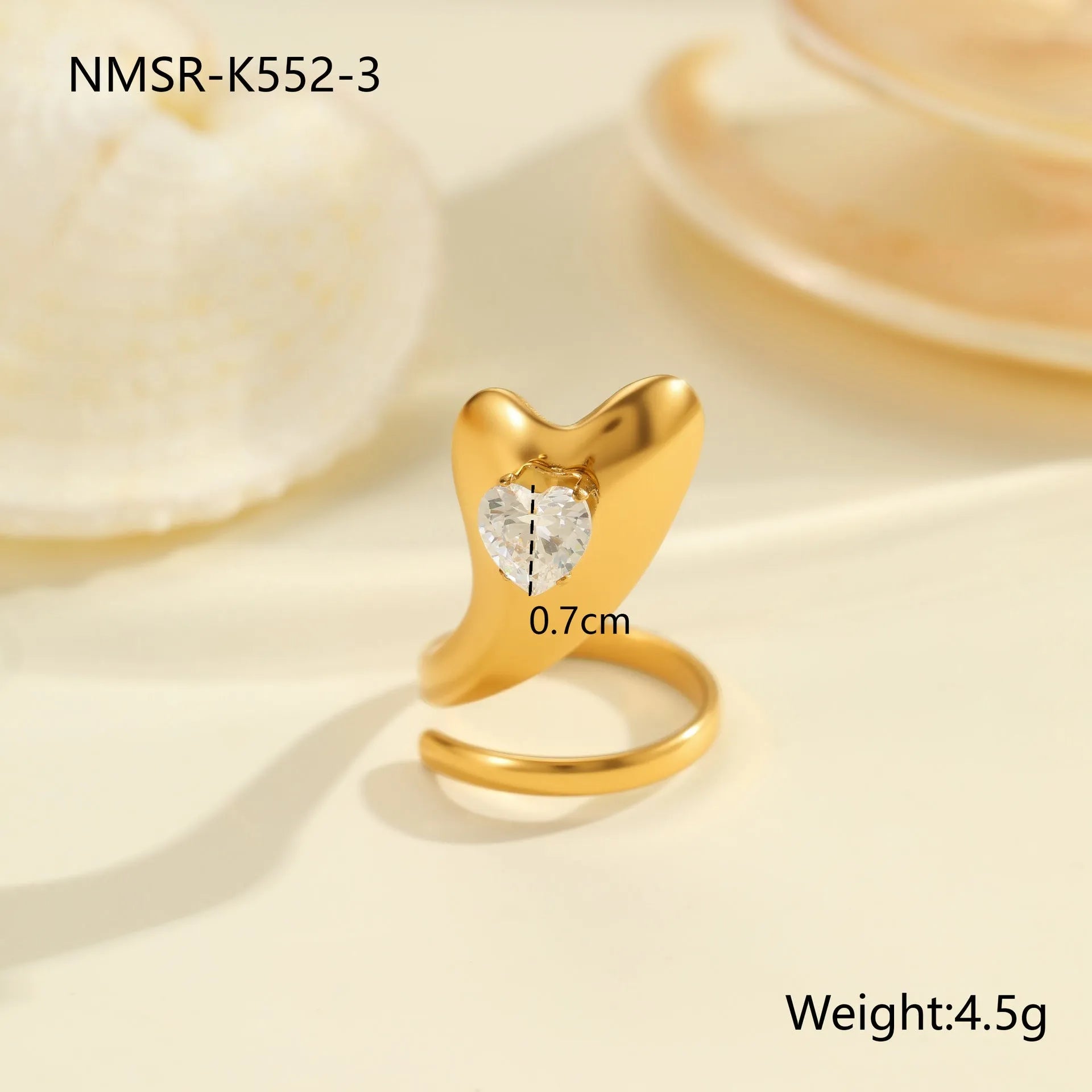 Geometric stainless steel ring with open mouth adjustable design and faceted zircon centrepiece