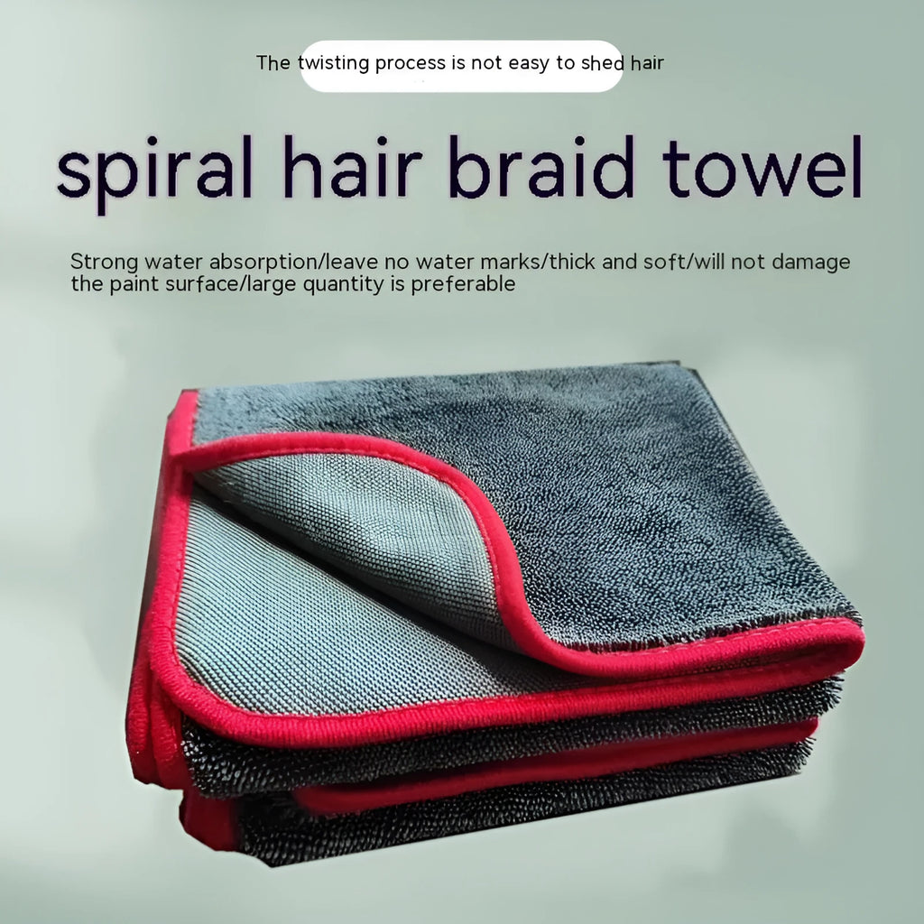 Grey microfiber car cleaning towel with black edge detailing shown in various size options