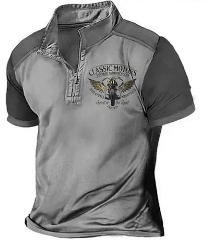 Men's solid colour loose fit golf polo shirt made from bird eye cloth, showing digital print detail.