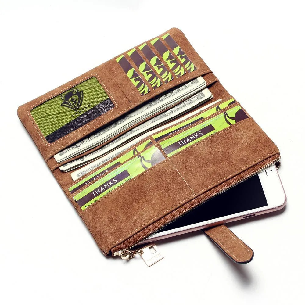 Army green women's long two-fold wallet made of matte PU leather with a drawstring zip, showing internal card slots and compartments.