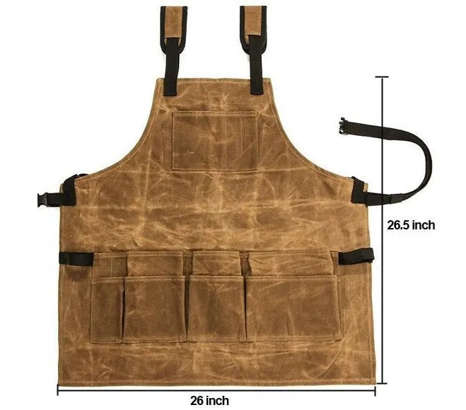 Yellow leather webbing apron in coated canvas, adjustable fit for men and women, with tool storage.