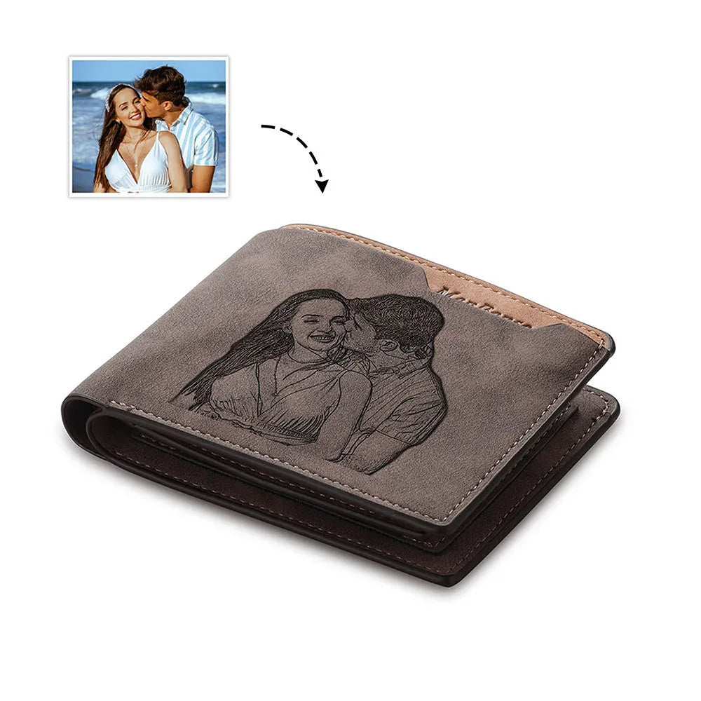 Coffee brown engraved horizontal short wallet with custom photo personalisation.