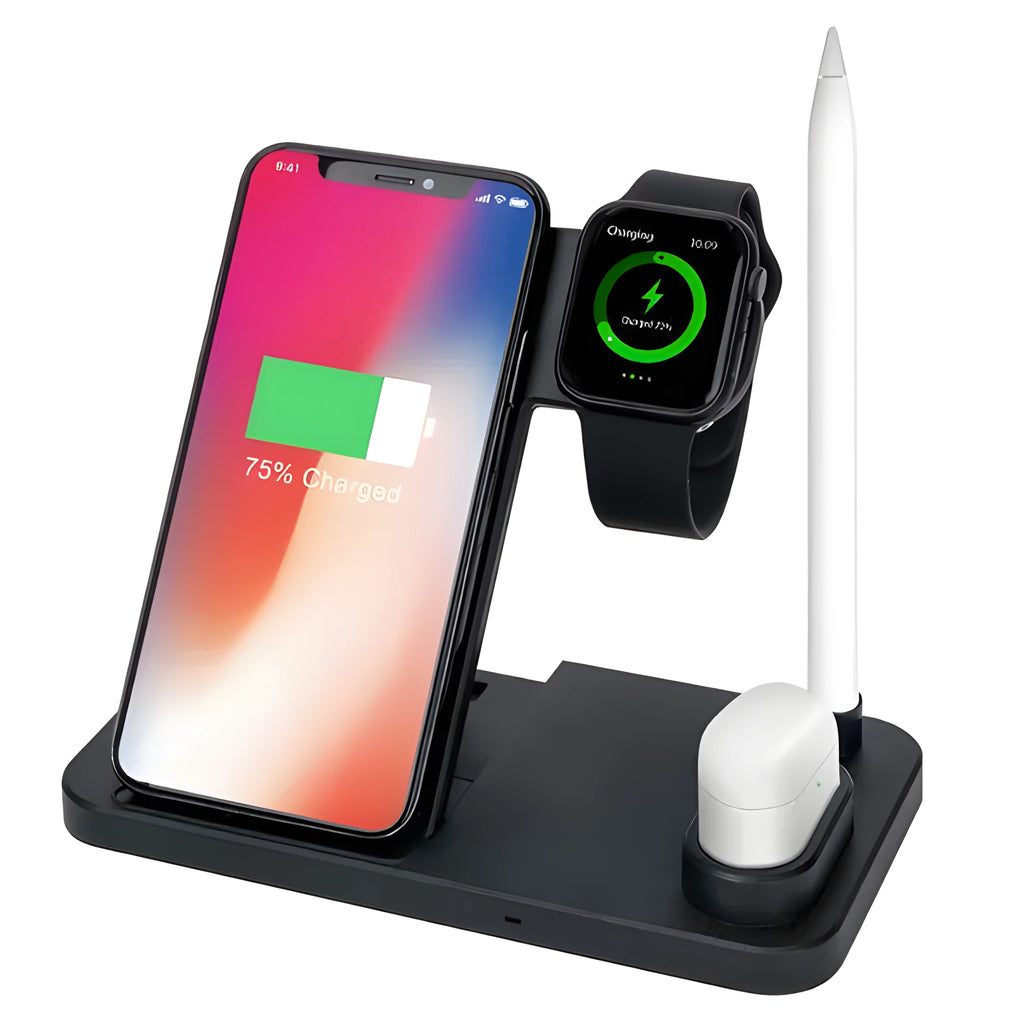 4-in-1 wireless charging dock showing iPhone, Apple Watch, AirPods and Apple Pencil charging simultaneously on adjustable stand.