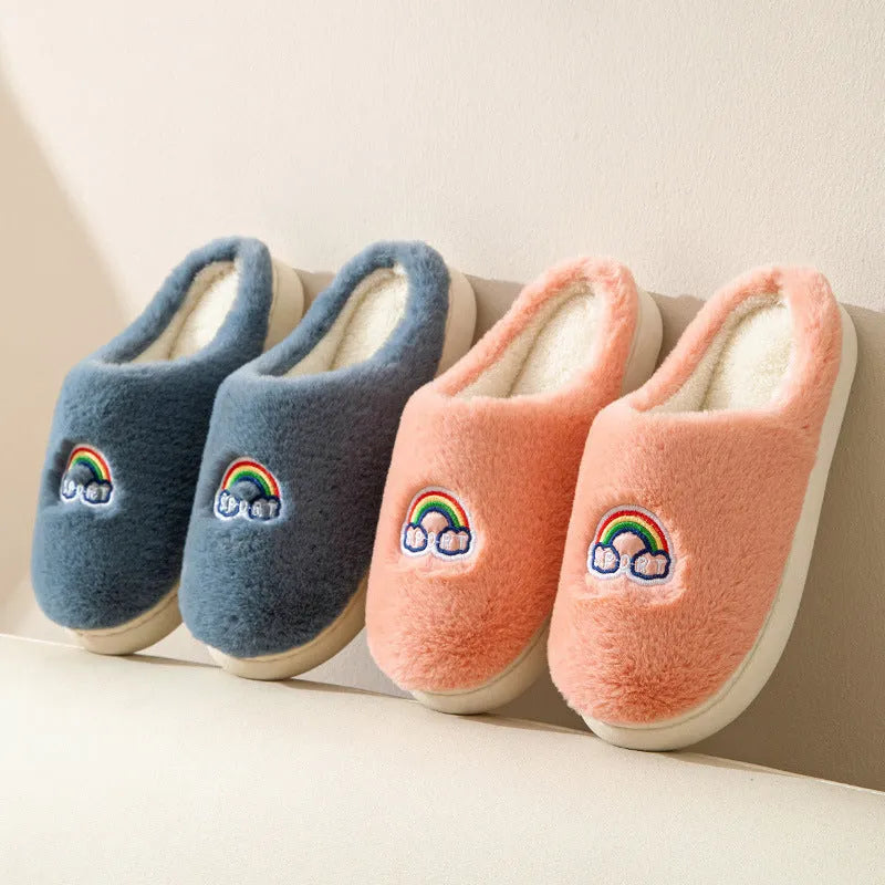Kawaii rainbow embroidered warm plush slip-on slippers with rubber sole round toe indoor home footwear