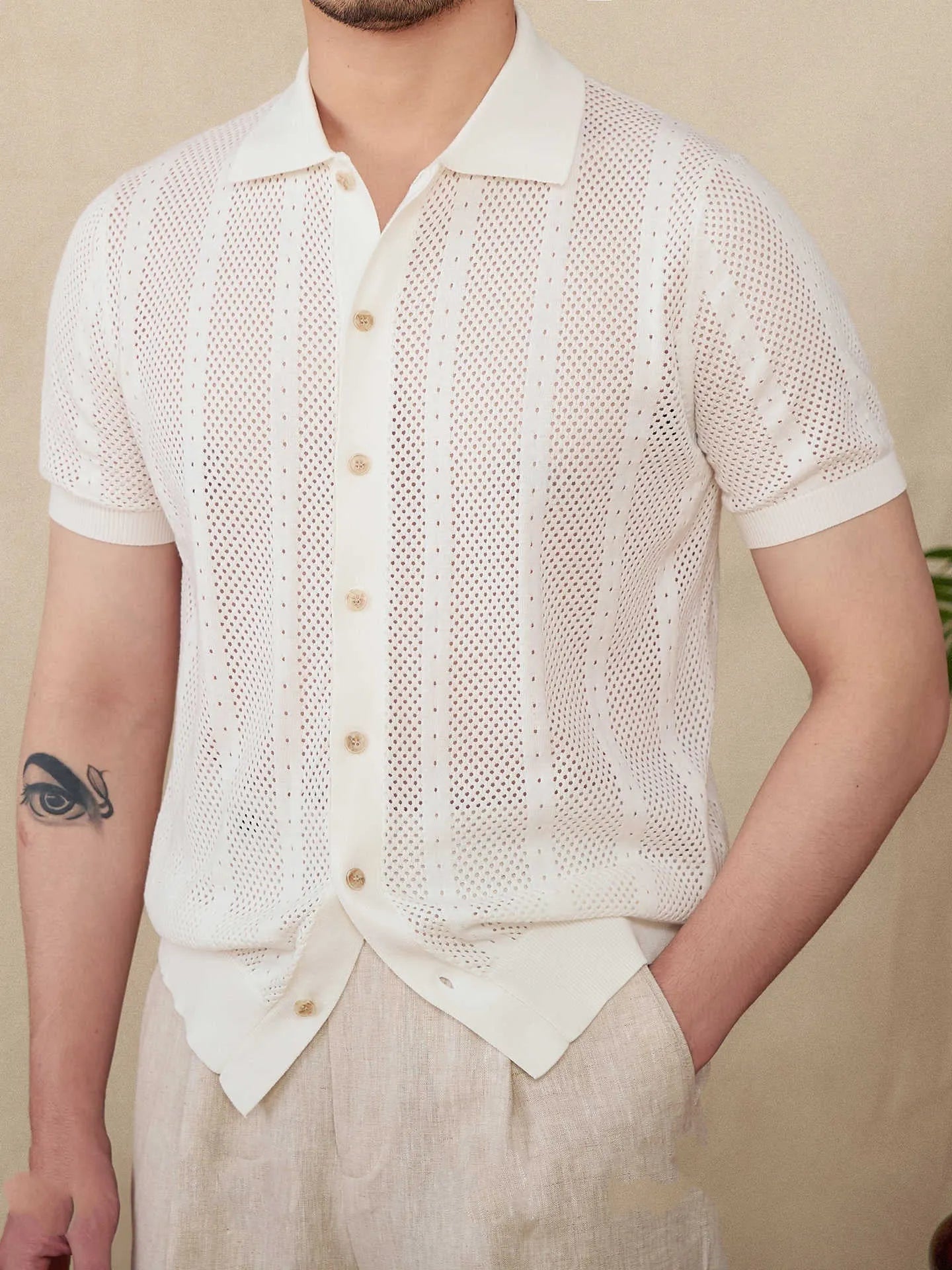 Men's short sleeve lapel cardigan in striped 100% cotton knitted fabric
