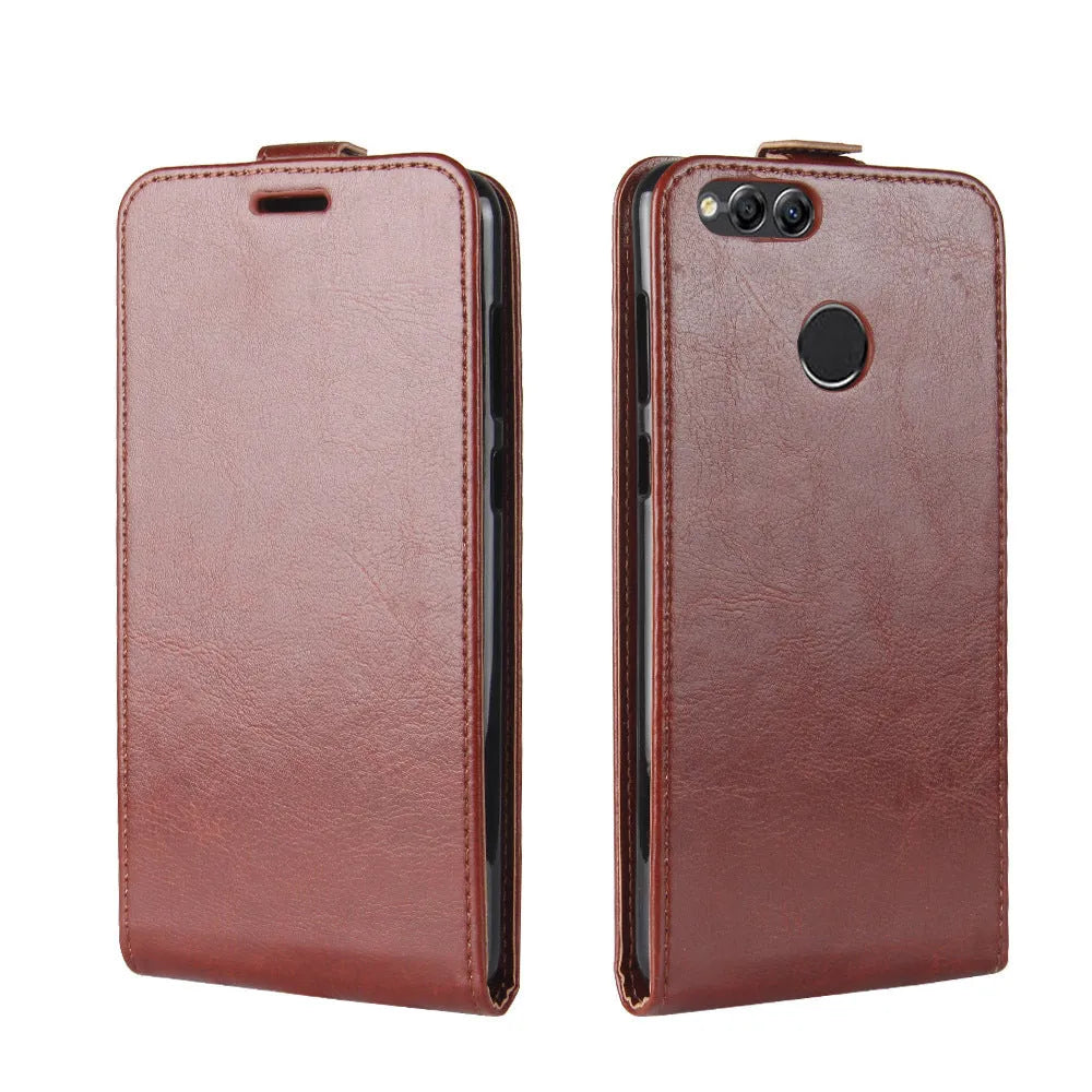 Honor 7X leather wallet phone case in crazy horse texture with visible card slots on the back.