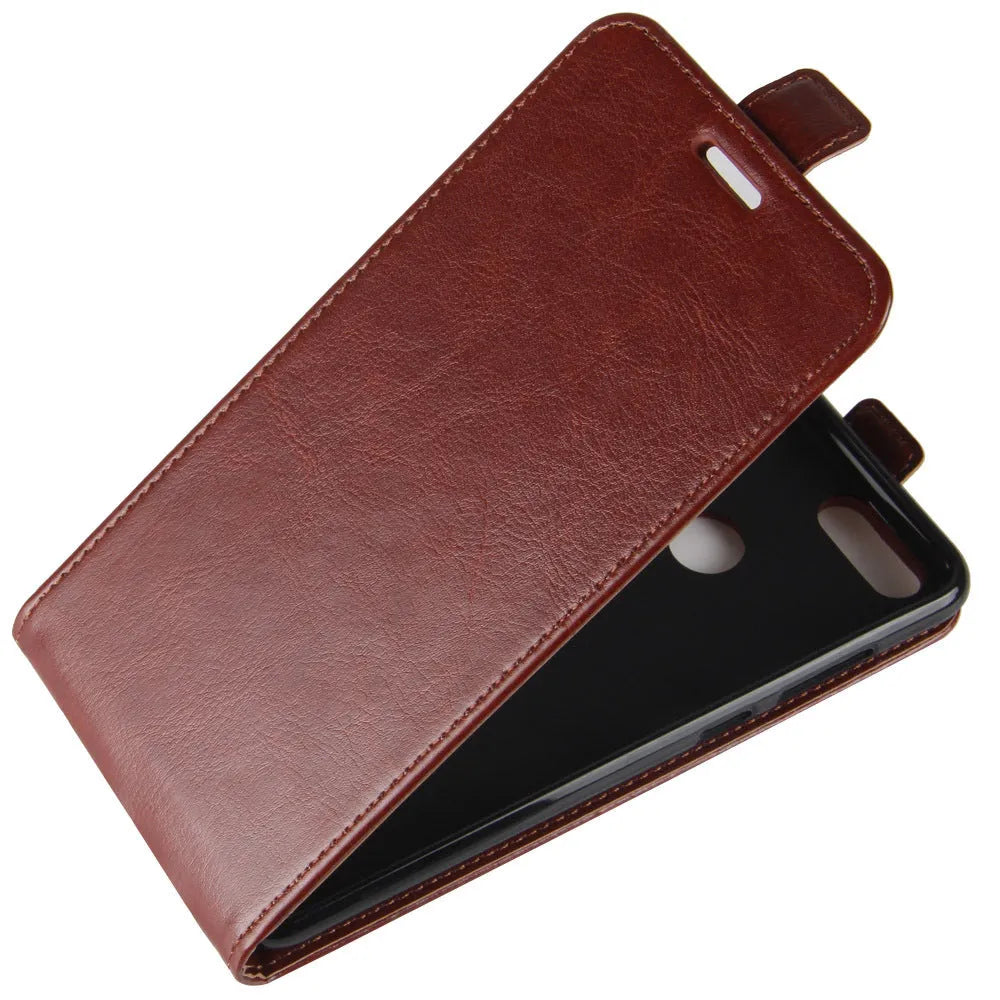 Honor 7X leather wallet phone case in crazy horse texture with visible card slots on the back.