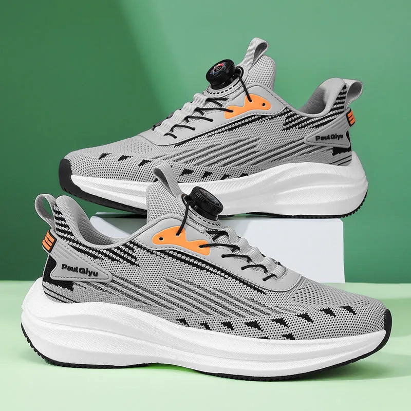 Men's black running shoes with Fly-knit mesh upper, rotating buckle, and TPU popcorn sole