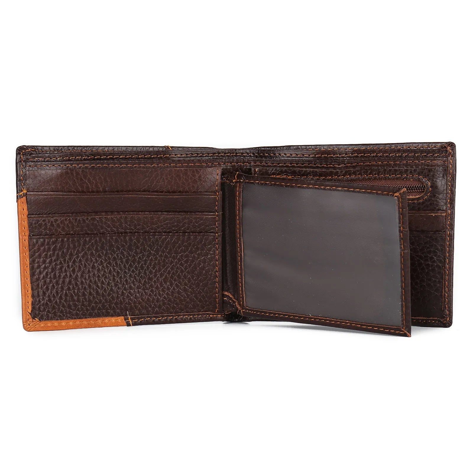 Men's brown cowhide leather wallet with contrast stitching, shown open to reveal card slots and a zippered coin compartment.