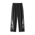 Men's straight leg loose-fit casual trousers in grey on a hanger.