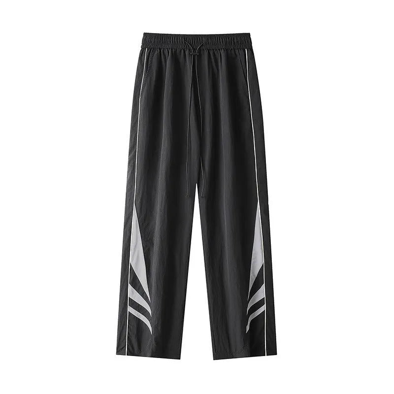 Men's straight leg loose-fit casual trousers in grey on a hanger.
