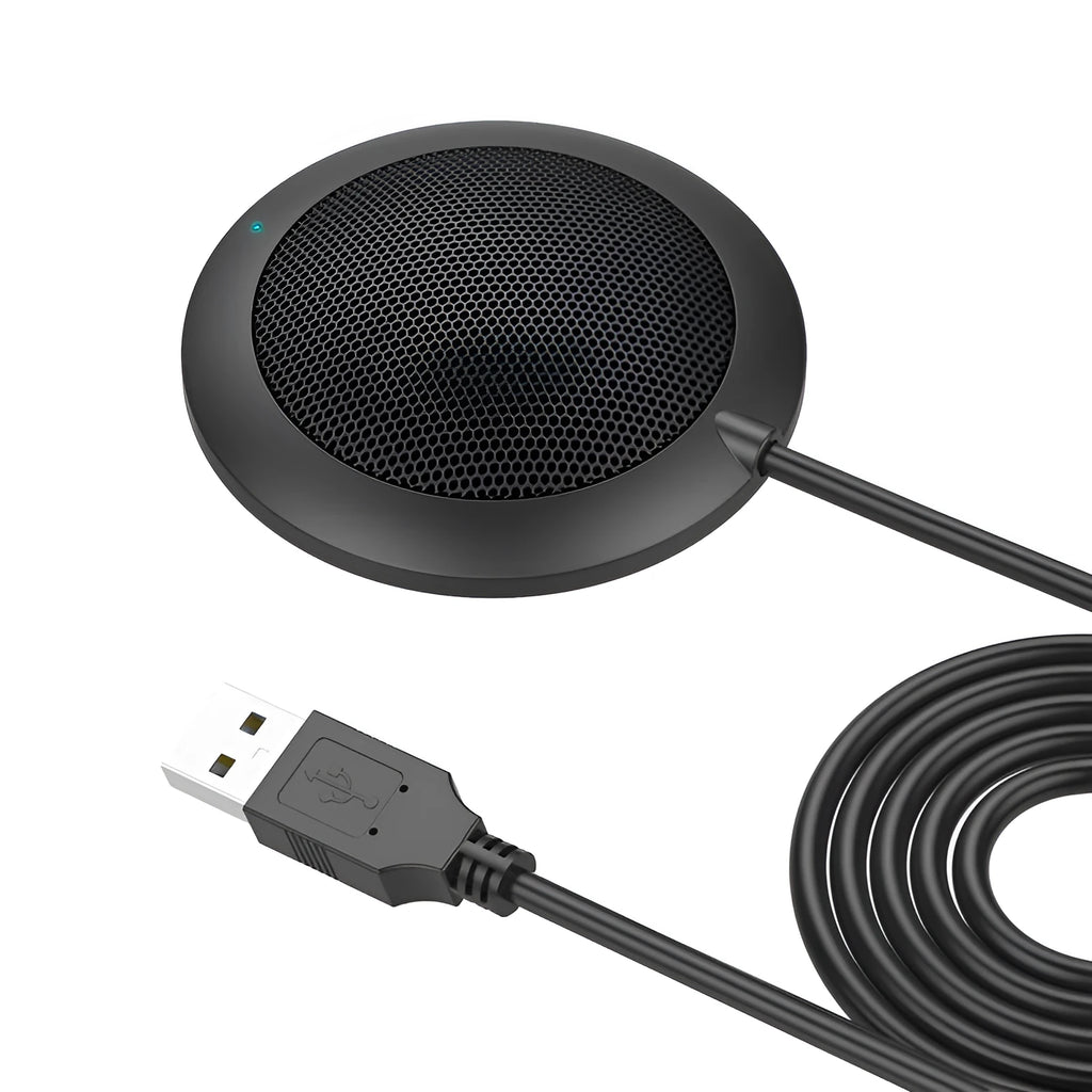 Black USB omnidirectional conference microphone with zinc alloy shell and metal mesh cover