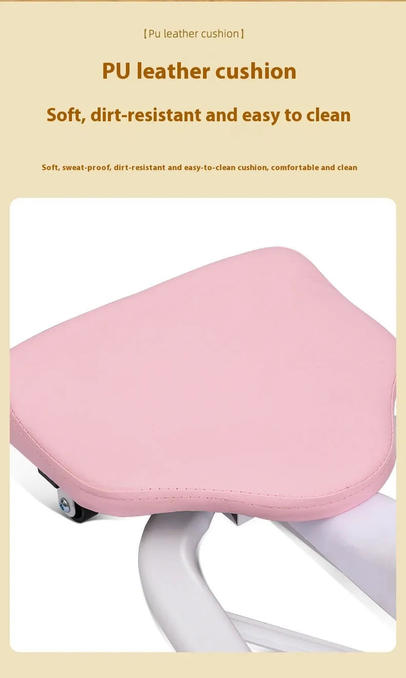 A pink leg stretching device with foam-padded bars, shown with an optional backrest attachment.
