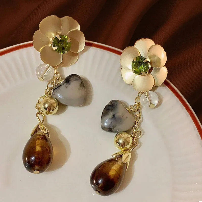 Gold diamond flower love iron earrings heart floral pastoral style for women
