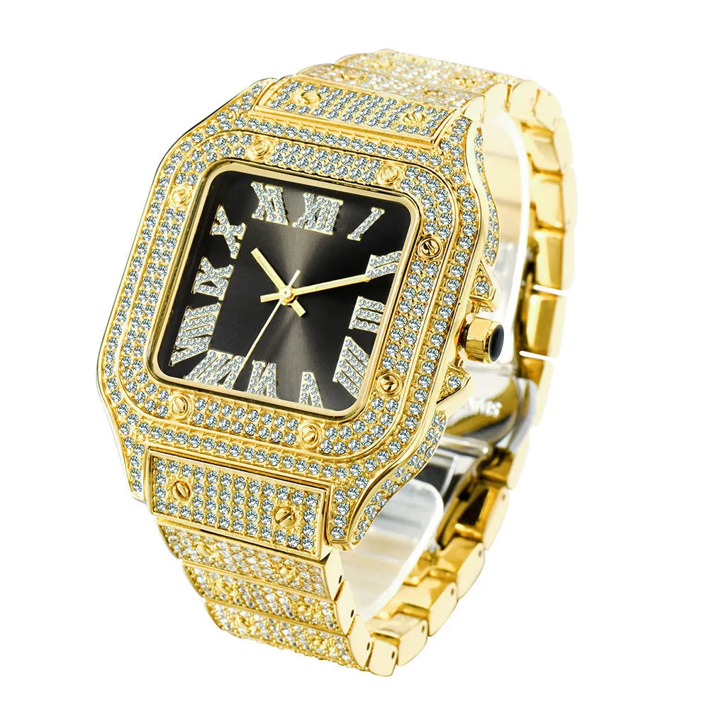 Fashion hip hop square men's watch with diamond detailing alloy strap silver white dial