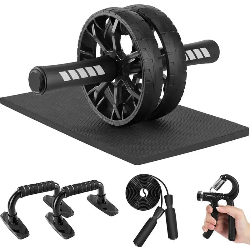 Seven abdominal wheels with push-up bracket in red, green, black, and blue colours for indoor fitness training