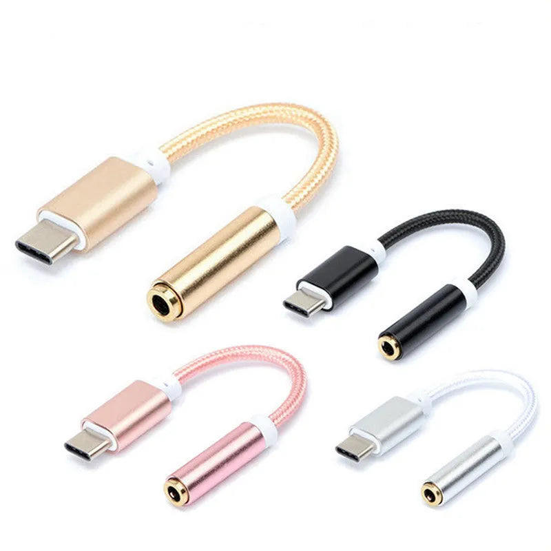 Type-C to 3.5mm female headphone adapter cable with nylon braid in four colour options.